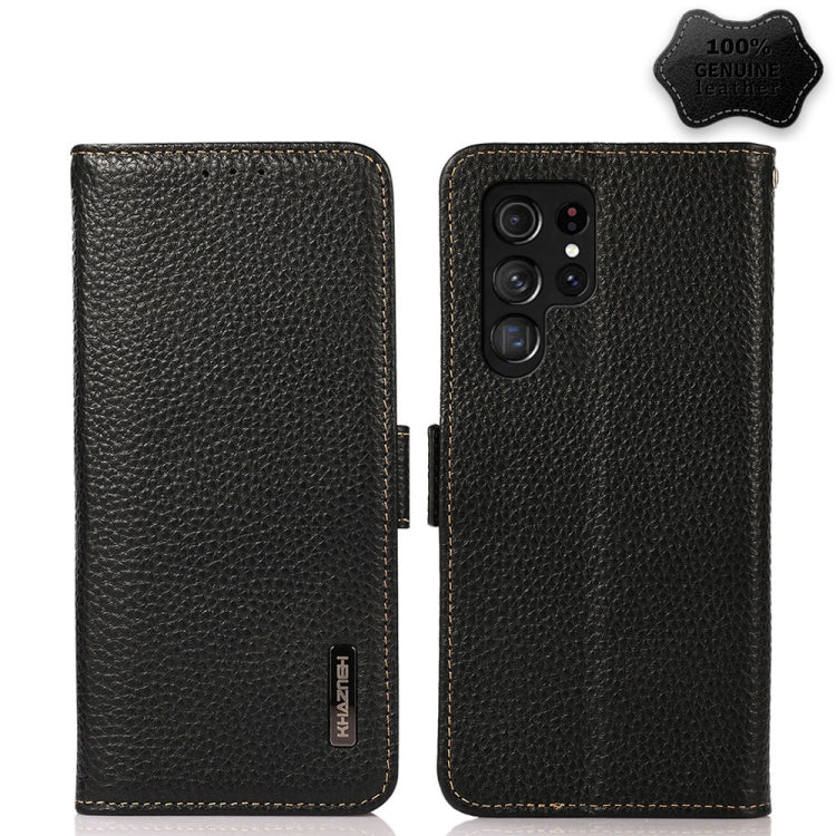 KHAZNEH Side-Magnetic Litchi Genuine Leather RFID Phone Case, For Samsung Galaxy S21 Ultra 5G, For Samsung Galaxy S22+ 5G, For Samsung Galaxy S22 5G, For Samsung Galaxy S22 Ultra 5G, For Samsung Galaxy Xcover 5, For Samsung Galaxy A03 164mm Version