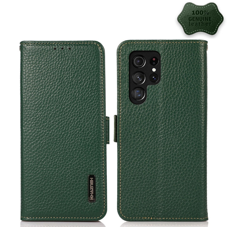 KHAZNEH Side-Magnetic Litchi Genuine Leather RFID Phone Case, For Samsung Galaxy S21 Ultra 5G, For Samsung Galaxy S22+ 5G, For Samsung Galaxy S22 5G, For Samsung Galaxy S22 Ultra 5G, For Samsung Galaxy Xcover 5, For Samsung Galaxy A03 164mm Version