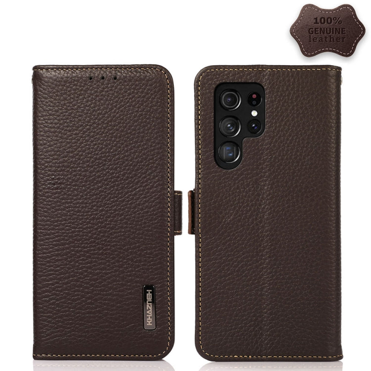 KHAZNEH Side-Magnetic Litchi Genuine Leather RFID Phone Case, For Samsung Galaxy S21 Ultra 5G, For Samsung Galaxy S22+ 5G, For Samsung Galaxy S22 5G, For Samsung Galaxy S22 Ultra 5G, For Samsung Galaxy Xcover 5, For Samsung Galaxy A03 164mm Version