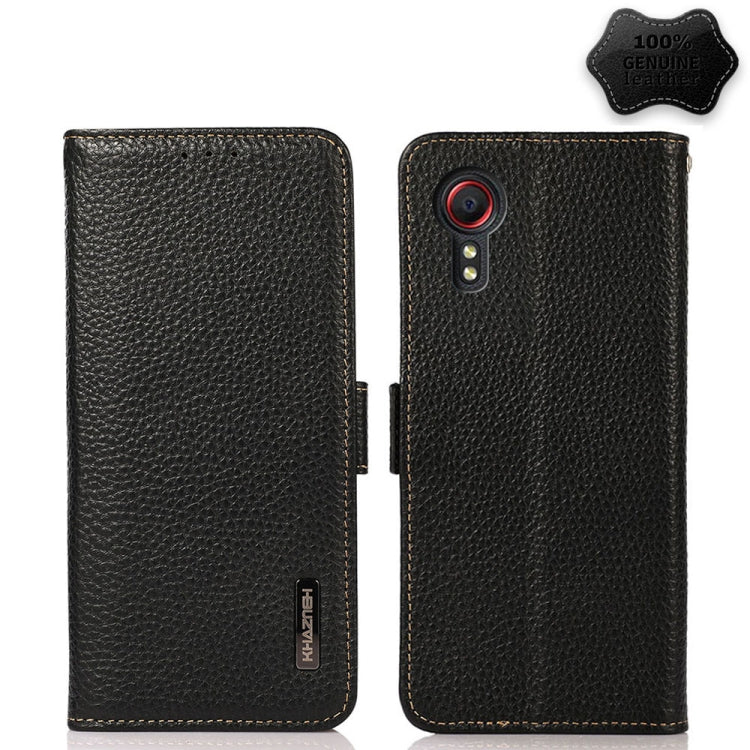 KHAZNEH Side-Magnetic Litchi Genuine Leather RFID Phone Case, For Samsung Galaxy S21 Ultra 5G, For Samsung Galaxy S22+ 5G, For Samsung Galaxy S22 5G, For Samsung Galaxy S22 Ultra 5G, For Samsung Galaxy Xcover 5, For Samsung Galaxy A03 164mm Version