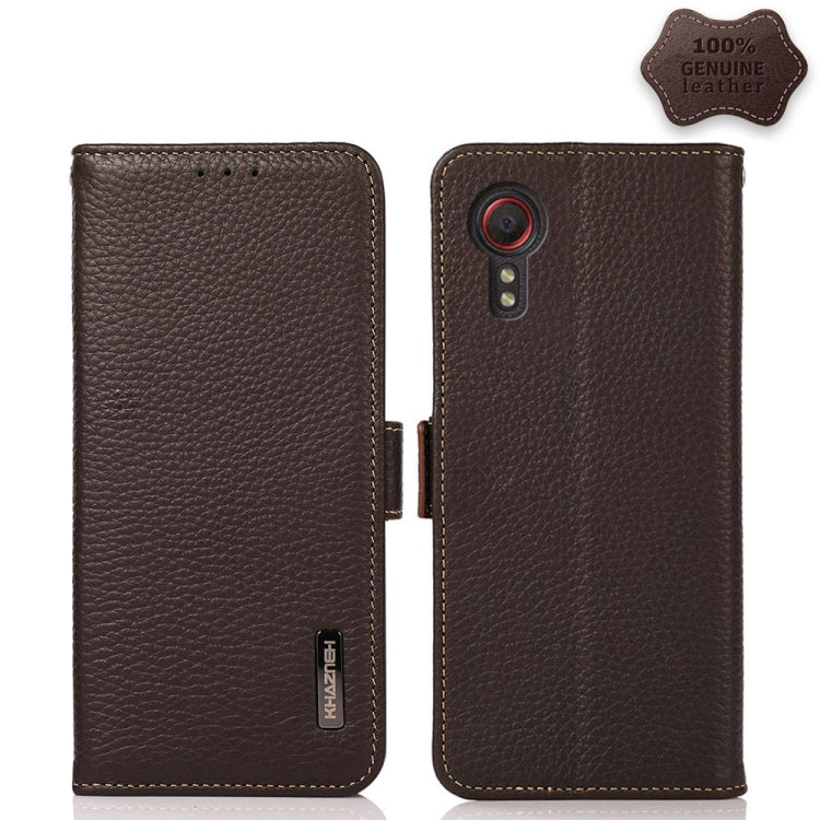 KHAZNEH Side-Magnetic Litchi Genuine Leather RFID Phone Case, For Samsung Galaxy S21 Ultra 5G, For Samsung Galaxy S22+ 5G, For Samsung Galaxy S22 5G, For Samsung Galaxy S22 Ultra 5G, For Samsung Galaxy Xcover 5, For Samsung Galaxy A03 164mm Version