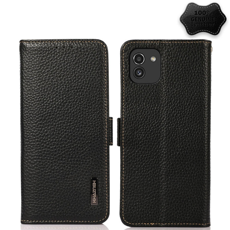 KHAZNEH Side-Magnetic Litchi Genuine Leather RFID Phone Case, For Samsung Galaxy S21 Ultra 5G, For Samsung Galaxy S22+ 5G, For Samsung Galaxy S22 5G, For Samsung Galaxy S22 Ultra 5G, For Samsung Galaxy Xcover 5, For Samsung Galaxy A03 164mm Version