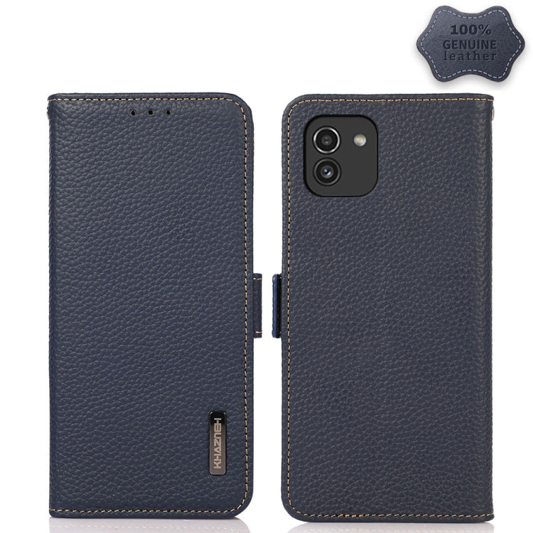 KHAZNEH Side-Magnetic Litchi Genuine Leather RFID Phone Case, For Samsung Galaxy S21 Ultra 5G, For Samsung Galaxy S22+ 5G, For Samsung Galaxy S22 5G, For Samsung Galaxy S22 Ultra 5G, For Samsung Galaxy Xcover 5, For Samsung Galaxy A03 164mm Version