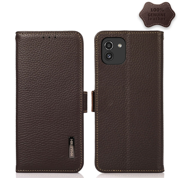 KHAZNEH Side-Magnetic Litchi Genuine Leather RFID Phone Case, For Samsung Galaxy S21 Ultra 5G, For Samsung Galaxy S22+ 5G, For Samsung Galaxy S22 5G, For Samsung Galaxy S22 Ultra 5G, For Samsung Galaxy Xcover 5, For Samsung Galaxy A03 164mm Version
