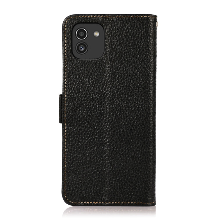 KHAZNEH Side-Magnetic Litchi Genuine Leather RFID Phone Case, For Samsung Galaxy A03 166mm Version, For Samsung Galaxy A03s 164mm Version, For Samsung Galaxy A13 4G, For Samsung Galaxy A13 5G, For Samsung Galaxy A33 5G, For Samsung Galaxy A53 5G