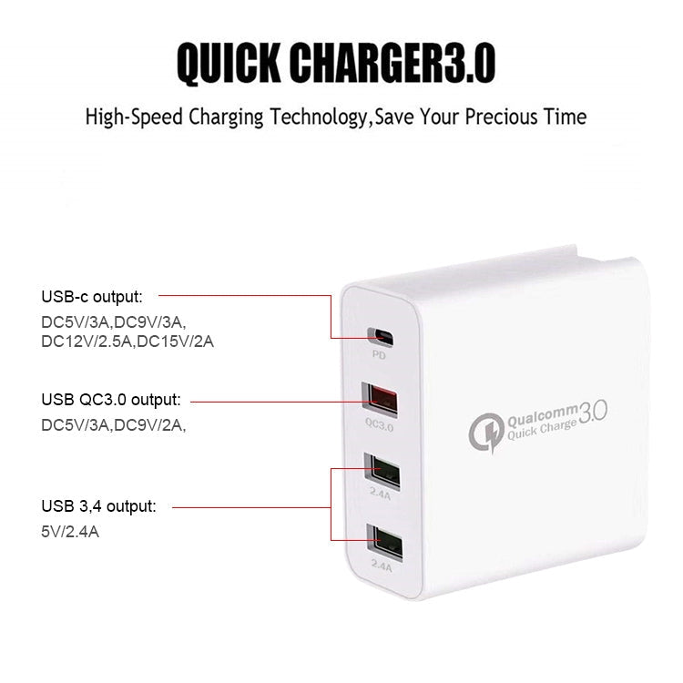 A3 PD 18W USB-C / Type-C + QC3.0 USB + Dual USB Interface Travel Charger, US Plug, EU Plug, UK Plug