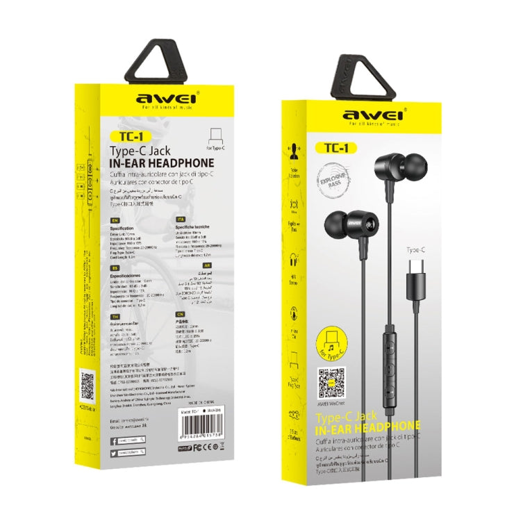 awei TC-1 Type-C / USB-C Stereo Surround In-ear Wired Earphone(Black)