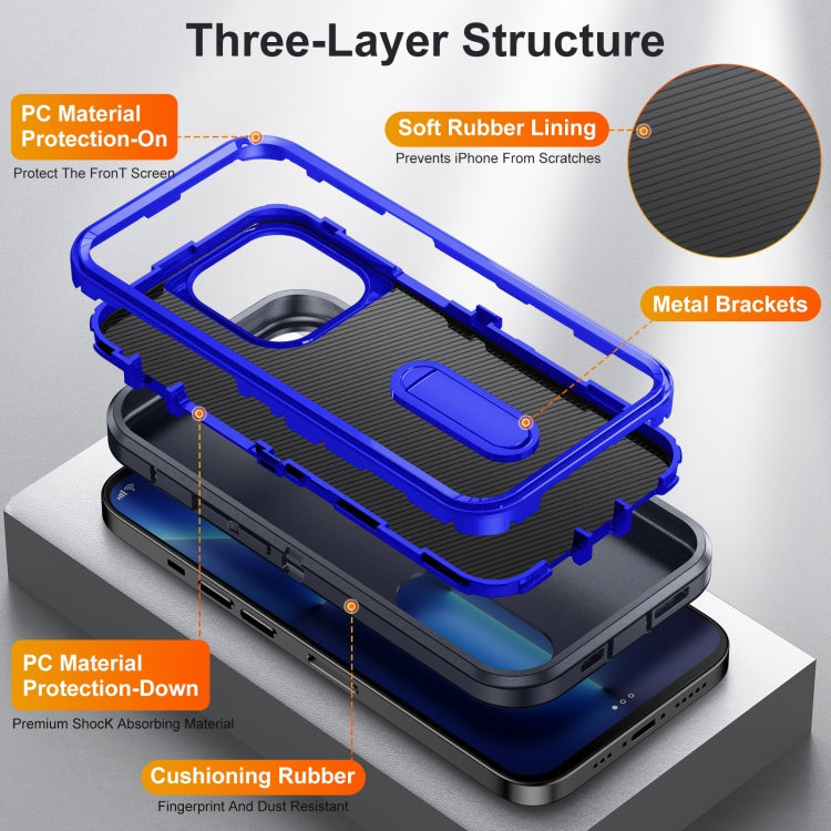 For iPhone 11 Pro 3 in 1 Rugged Holder Phone Case (Dark Blue+Sapphire Blue)