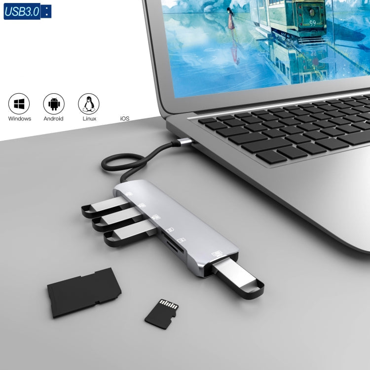 NK-3043H 6 in 1 USB-C / Type-C to TF / SD Card Slot  USB 3.0  3 USB 2.0 Female Adapter