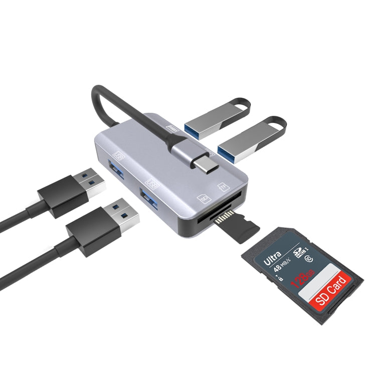 NK-3049H 6 in 1 USB-C / Type-C to TF / SD Card Slot  USB 3.0  3 USB 2.0 Female Adapter(Space Grey)