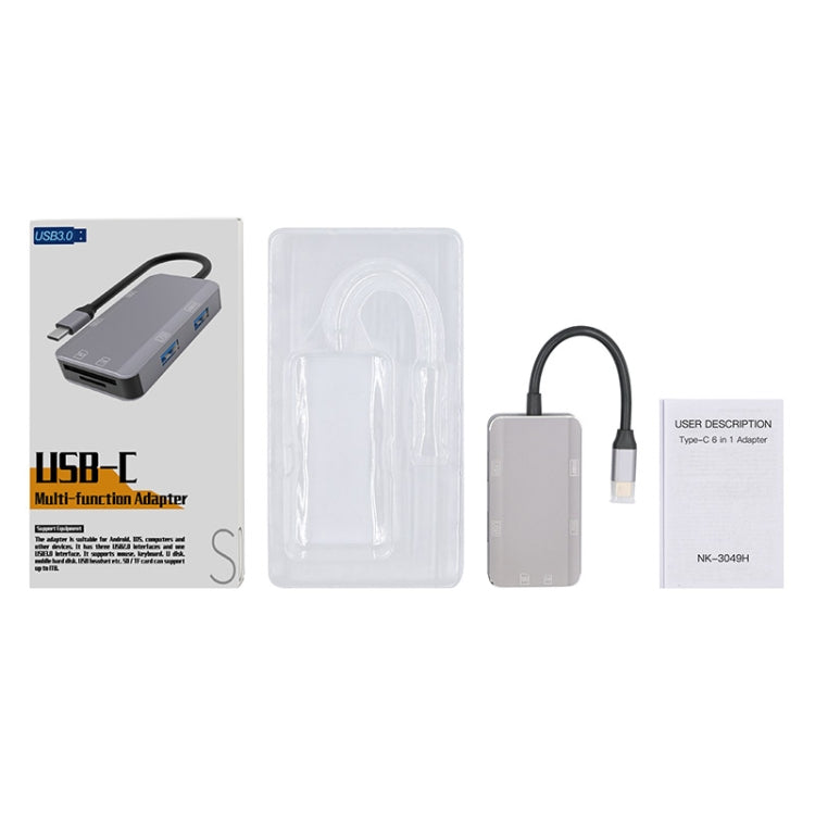 NK-3049H 6 in 1 USB-C / Type-C to TF / SD Card Slot  USB 3.0  3 USB 2.0 Female Adapter(Space Grey)