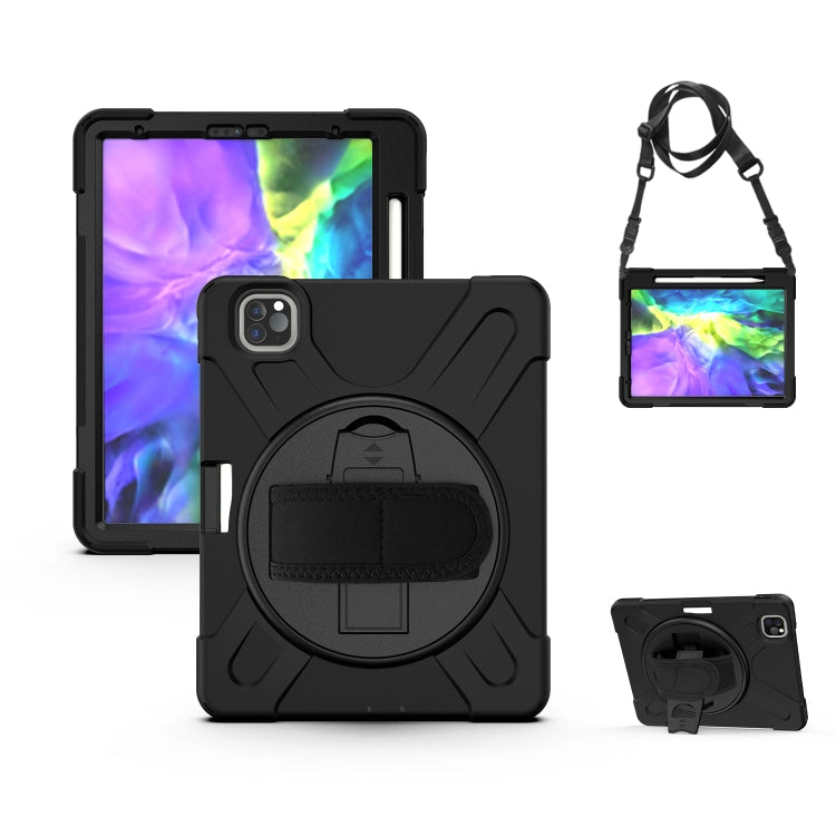 360 Degree Rotation Silicone Protective Cover with Holder & Hand Strap & Long Strap & Pencil Slot For iPad Air 10.9 / Pro 11 2021 / 2020 / 2018(Black)