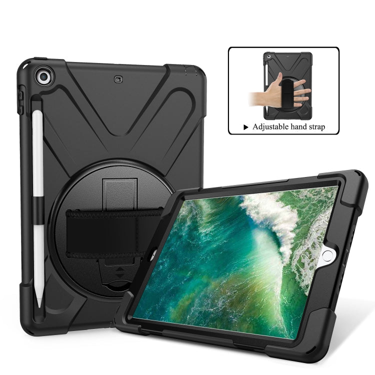 For iPad 9.7 (2018) & (2017) 360 Degree Rotation Silicone Protective Cover with Holder & Hand Strap & Long Strap & Pencil Slot(Black)