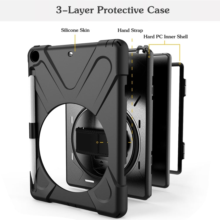 For iPad 9.7 (2018) & (2017) 360 Degree Rotation Silicone Protective Cover with Holder & Hand Strap & Long Strap & Pencil Slot(Black)