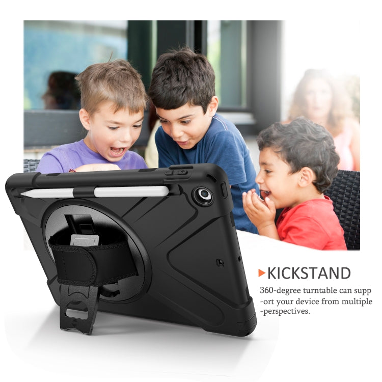 For iPad 9.7 (2018) & (2017) 360 Degree Rotation Silicone Protective Cover with Holder & Hand Strap & Long Strap & Pencil Slot(Black)