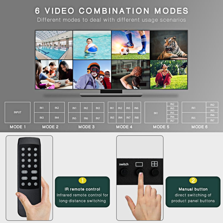 NK-818 HDMI 8x1 Multi-Viewer Supports Seamless Switch 1080P, US Plug, NK-818, US Plug