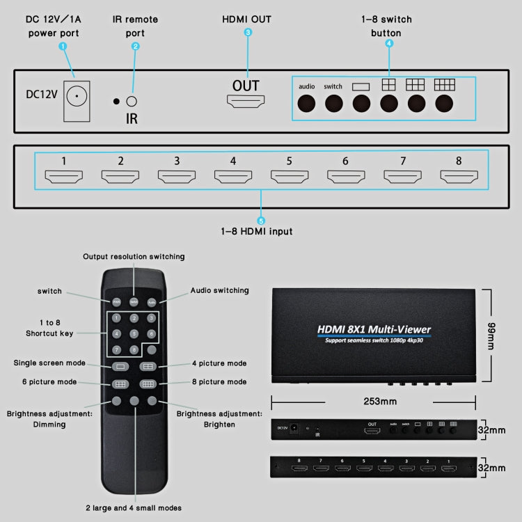 NK-818 HDMI 8x1 Multi-Viewer Supports Seamless Switch 1080P, US Plug, NK-818, US Plug