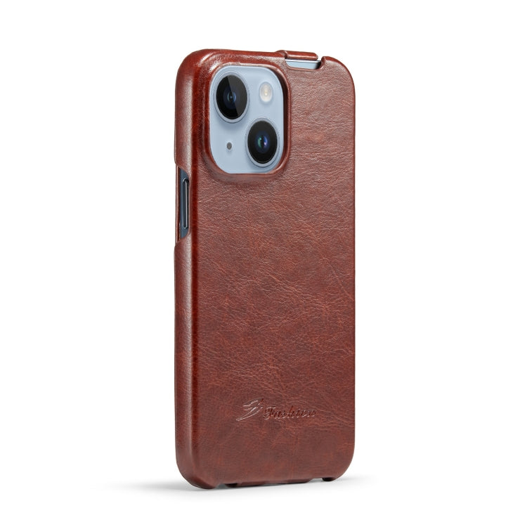 Fierre Shann Oil Wax Texture Vertical Flip PU Phone Case, For iPhone 14, For iPhone 14 Plus, For iPhone 14 Pro, For iPhone 14 Pro Max