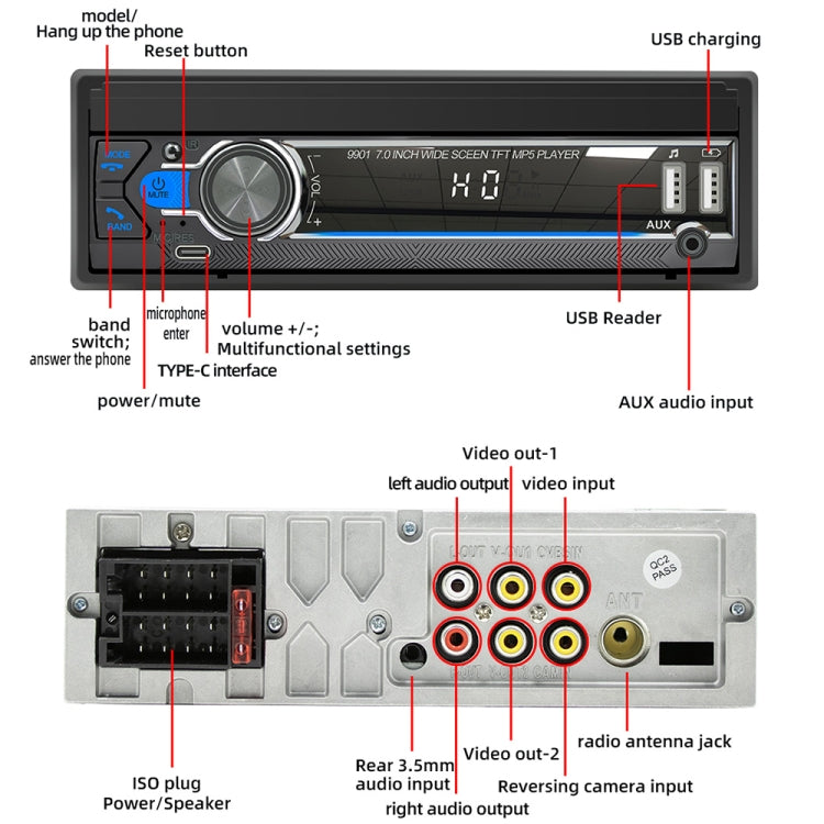 9901 7 inch Car  Retractable MP5 Player Supports FM & Mobile Phone Internet, 9901