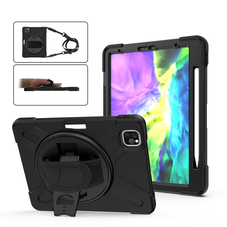For iPad Pro 12.9 2020 / 2018 360 Degree Rotation Silicone Protective Cover with Holder & Hand Strap & Long Strap & Pencil Slot(Black)