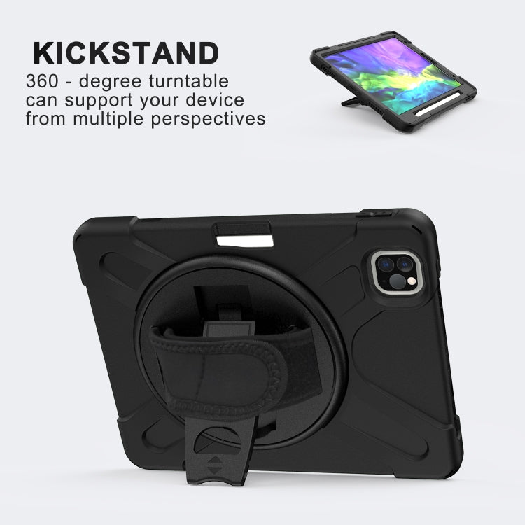 For iPad Pro 12.9 2020 / 2018 360 Degree Rotation Silicone Protective Cover with Holder & Hand Strap & Long Strap & Pencil Slot(Black)