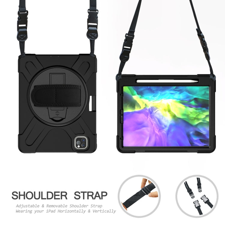 For iPad Pro 12.9 2020 / 2018 360 Degree Rotation Silicone Protective Cover with Holder & Hand Strap & Long Strap & Pencil Slot(Black)