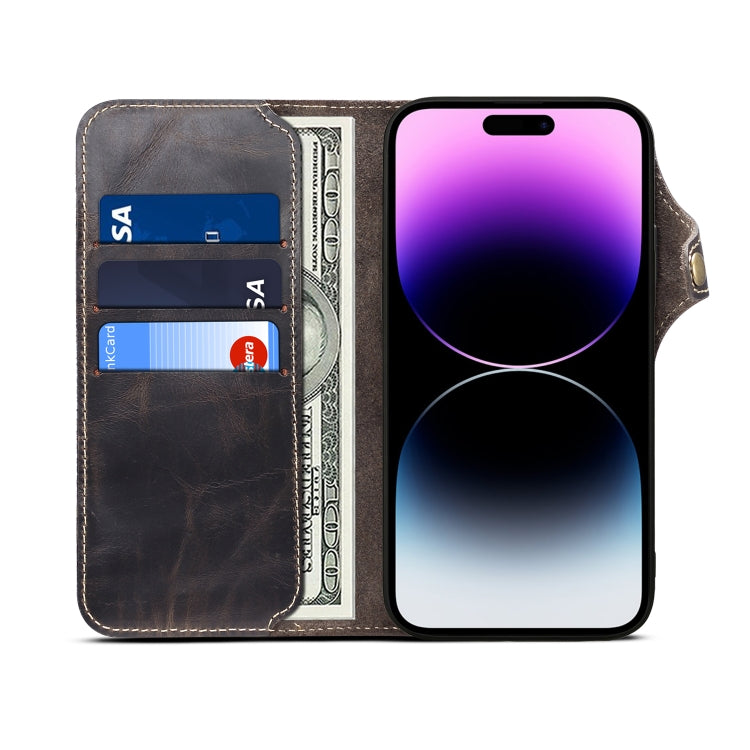 Denior Oil Wax Cowhide Magnetic Button Genuine Leather Case, For iPhone 14 Pro Max, For iPhone 14 Pro, For iPhone 14, For iPhone 14 Plus, For iPhone 13 Pro Max, For iPhone 13 Pro