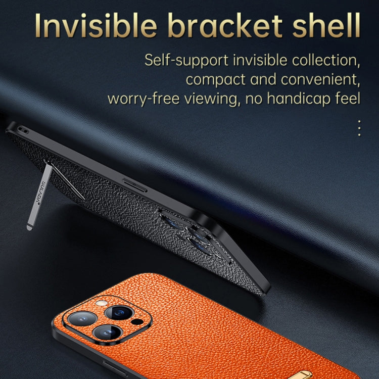 For iPhone 13 SULADA Invisible Bracket Leather Back Cover Phone Case(Dark Green)