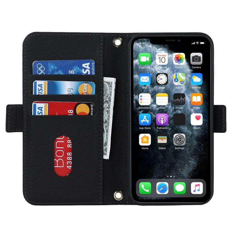 For iPhone 11 Pro Max Cross Texture Lanyard Leather Phone Case(Black)