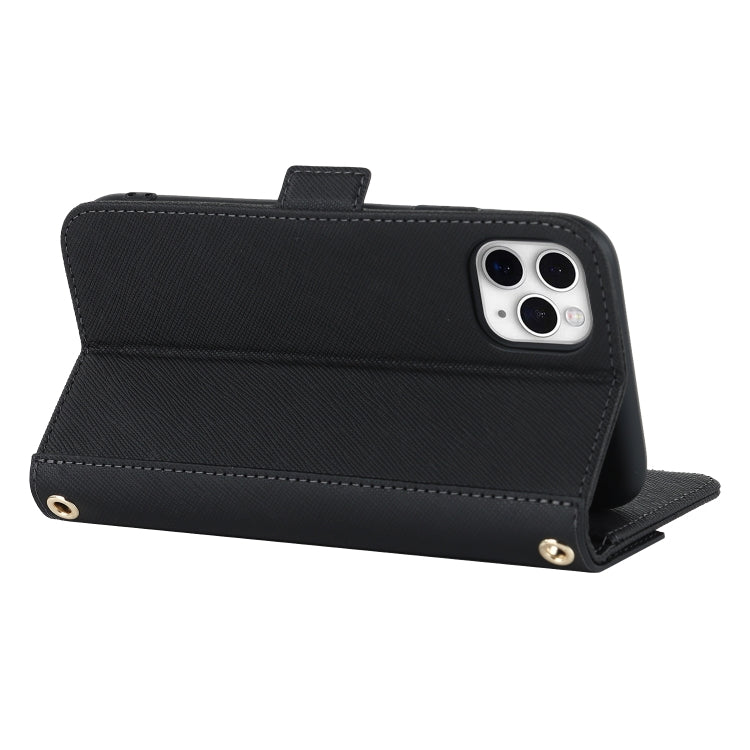 For iPhone 11 Pro Max Cross Texture Lanyard Leather Phone Case(Black)