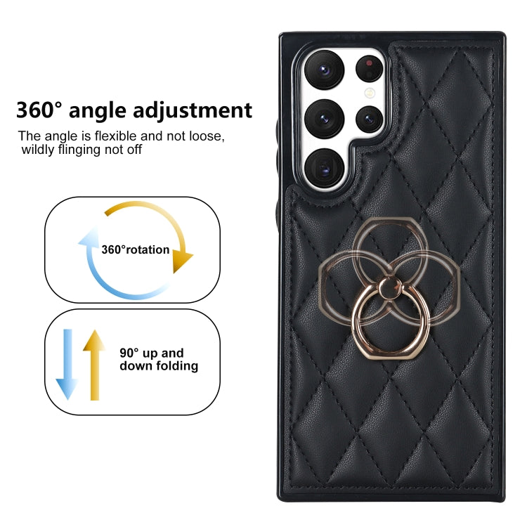 For Samsung Galaxy S22 Ultra 5G Rhombic PU Leather Phone Case with Ring Holder(Black)
