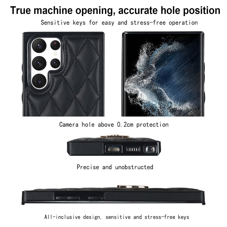 For Samsung Galaxy S22 Ultra 5G Rhombic PU Leather Phone Case with Ring Holder(Black)