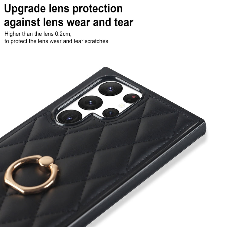 For Samsung Galaxy S22 Ultra 5G Rhombic PU Leather Phone Case with Ring Holder(Black)