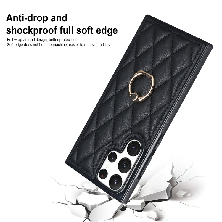 For Samsung Galaxy S22 Ultra 5G Rhombic PU Leather Phone Case with Ring Holder(Black)