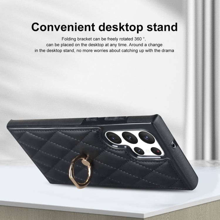 For Samsung Galaxy S22 Ultra 5G Rhombic PU Leather Phone Case with Ring Holder(Black)