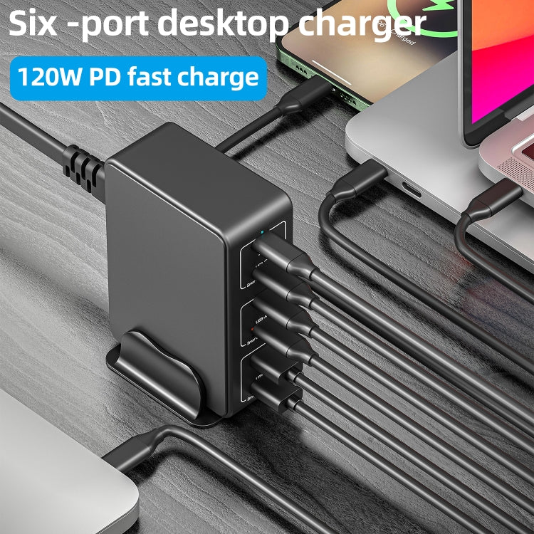 818H 120W Type-C + USB 6-Ports Desktop Fast Charger, Plug Type:EU Plug(Black)