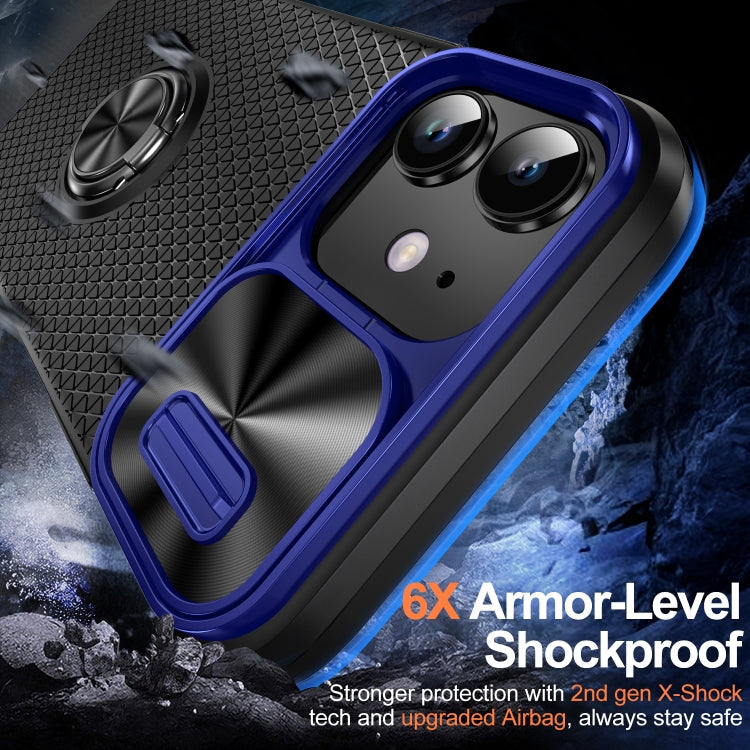 For iPhone 14 Plus Sliding Camshield Armor Phone Case with Ring Holder(Blue Black)