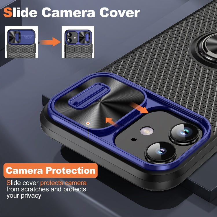 For iPhone 14 Plus Sliding Camshield Armor Phone Case with Ring Holder(Blue Black)