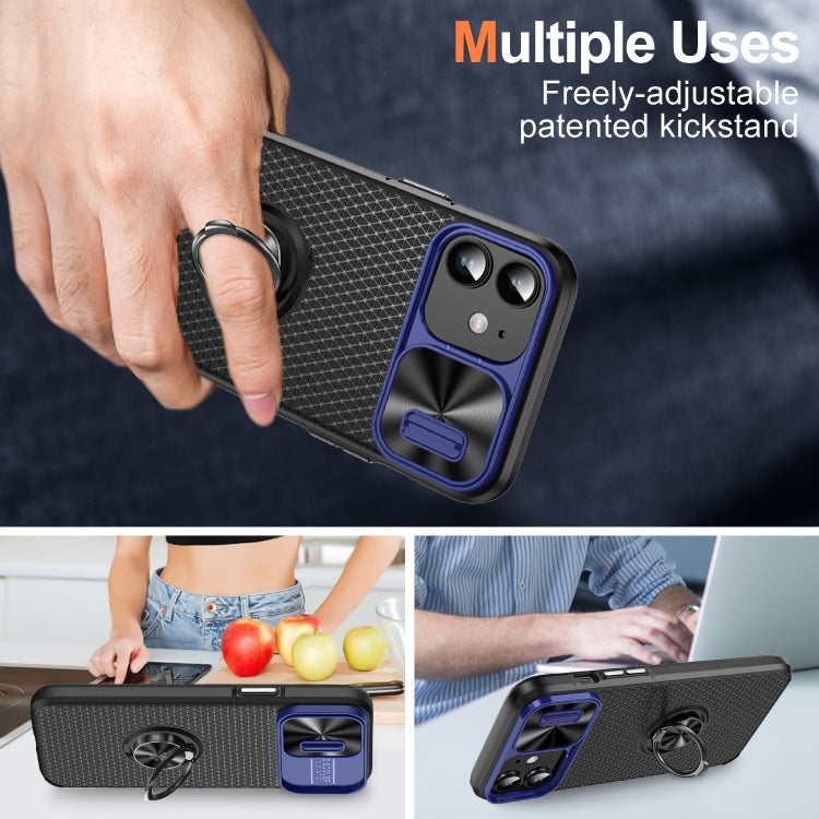 For iPhone 14 Plus Sliding Camshield Armor Phone Case with Ring Holder(Blue Black)