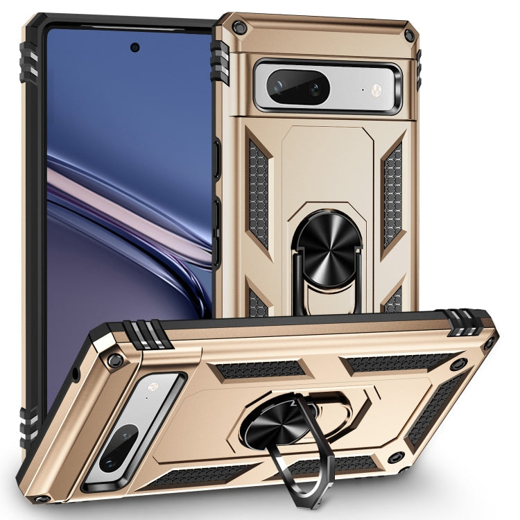 For Google Pixel 7a Shockproof TPU  PC Phone Case with Holder(Gold)