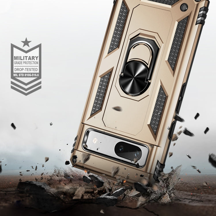 For Google Pixel 7a Shockproof TPU  PC Phone Case with Holder(Gold)