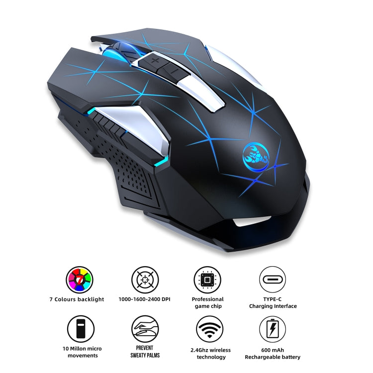 HXSJ T300 7 Keys 2400DPI 2.4G Colorful Luminous Wireless Mouse, T300 Black