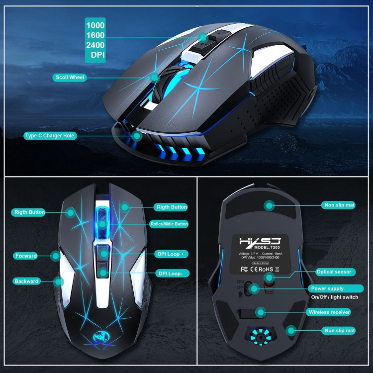HXSJ T300 7 Keys 2400DPI 2.4G Colorful Luminous Wireless Mouse, T300 Black