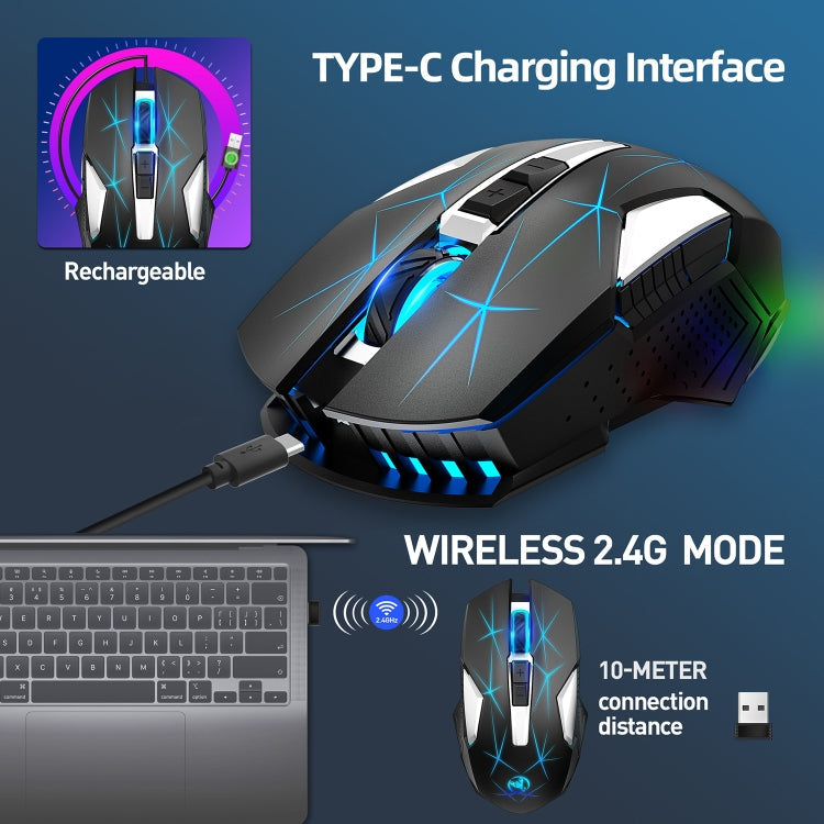 HXSJ T300 7 Keys 2400DPI 2.4G Colorful Luminous Wireless Mouse, T300 Black