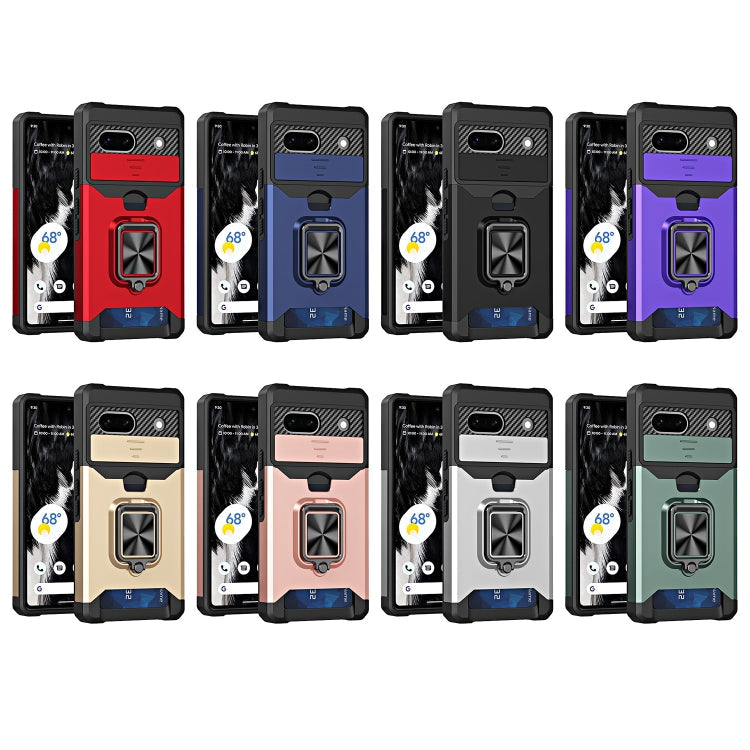 For Google Pixel 7a Camera Shield Card Slot Phone Case with Ring Holder(Black)