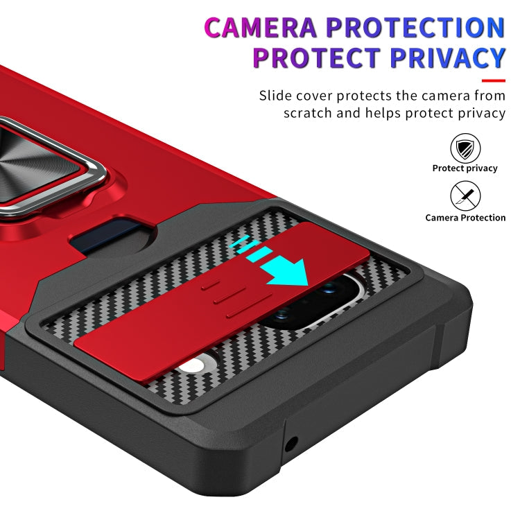For Google Pixel 7a Camera Shield Card Slot Phone Case with Ring Holder(Black)