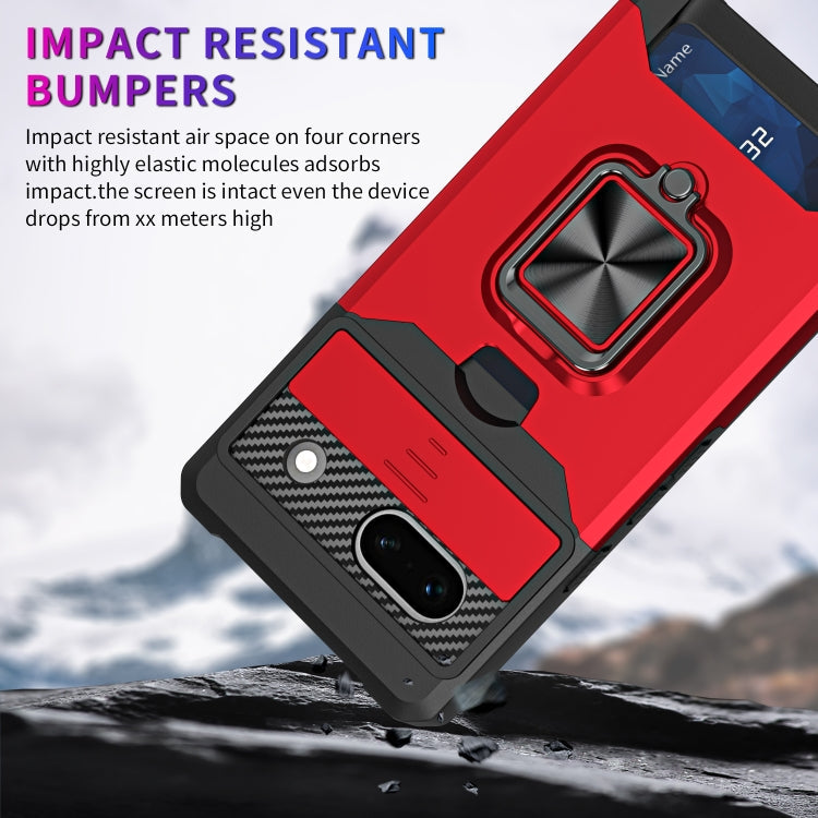 For Google Pixel 7a Camera Shield Card Slot Phone Case with Ring Holder(Black)