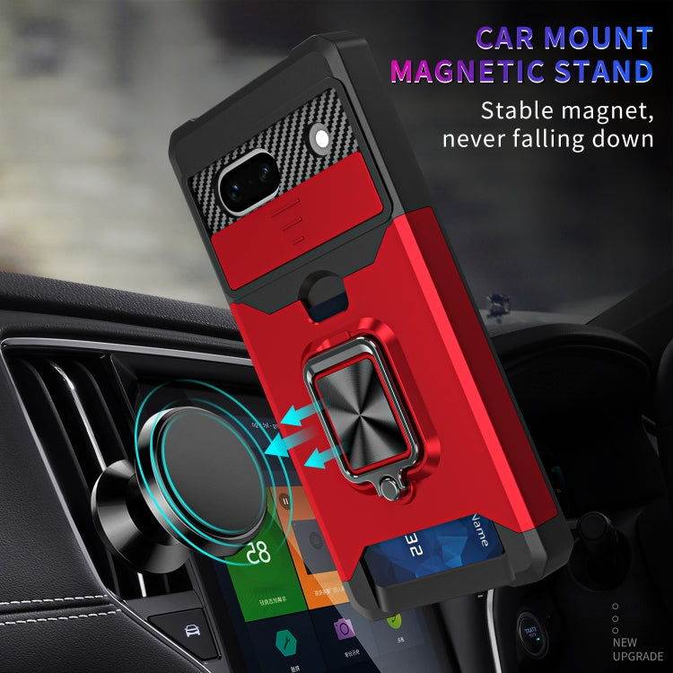 For Google Pixel 7a Camera Shield Card Slot Phone Case with Ring Holder(Black)