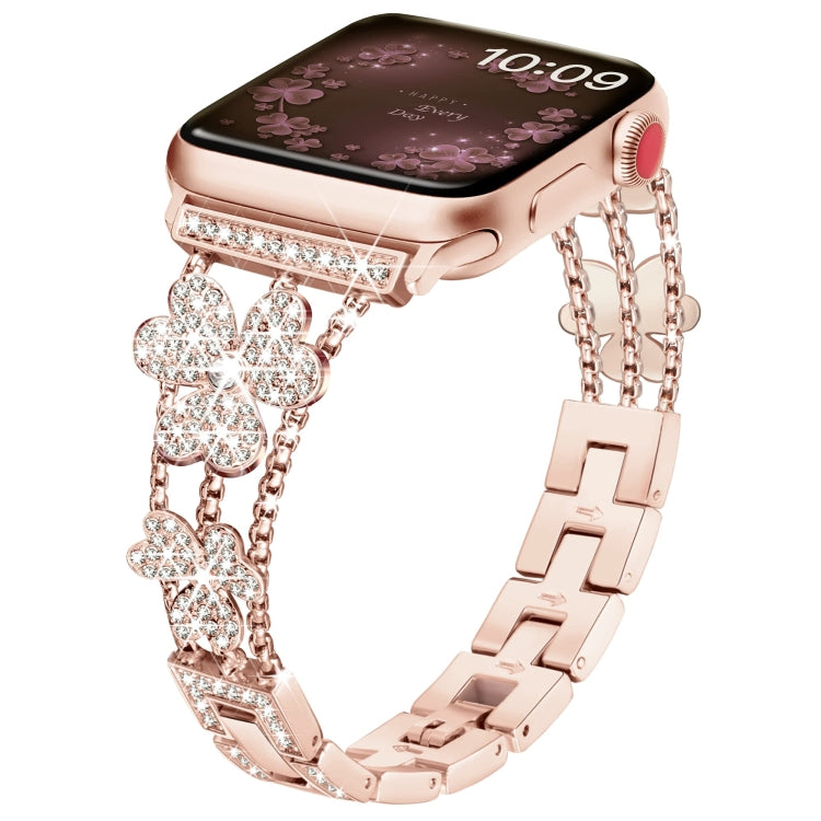 3-Leaf Clover Diamond Watch Band For Apple Watch Ultra 49mm&Watch Ultra 2 49mm / Series 9&8&7 45mm / SE 3&SE 2&6&SE&5&4 44mm / 3&2&1 42mm(Rose Gold)
