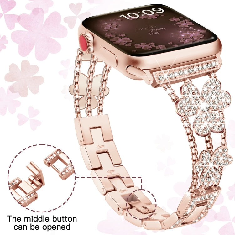 3-Leaf Clover Diamond Watch Band For Apple Watch Ultra 49mm&Watch Ultra 2 49mm / Series 9&8&7 45mm / SE 3&SE 2&6&SE&5&4 44mm / 3&2&1 42mm(Rose Gold)